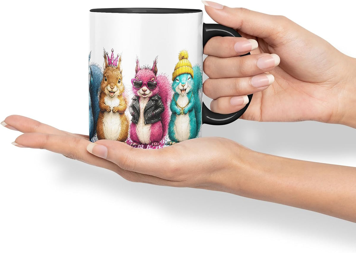 Squirrels Mug – Cute Squirrels Coloured Ceramic Mug Cup Gift, 11oz (Black)
