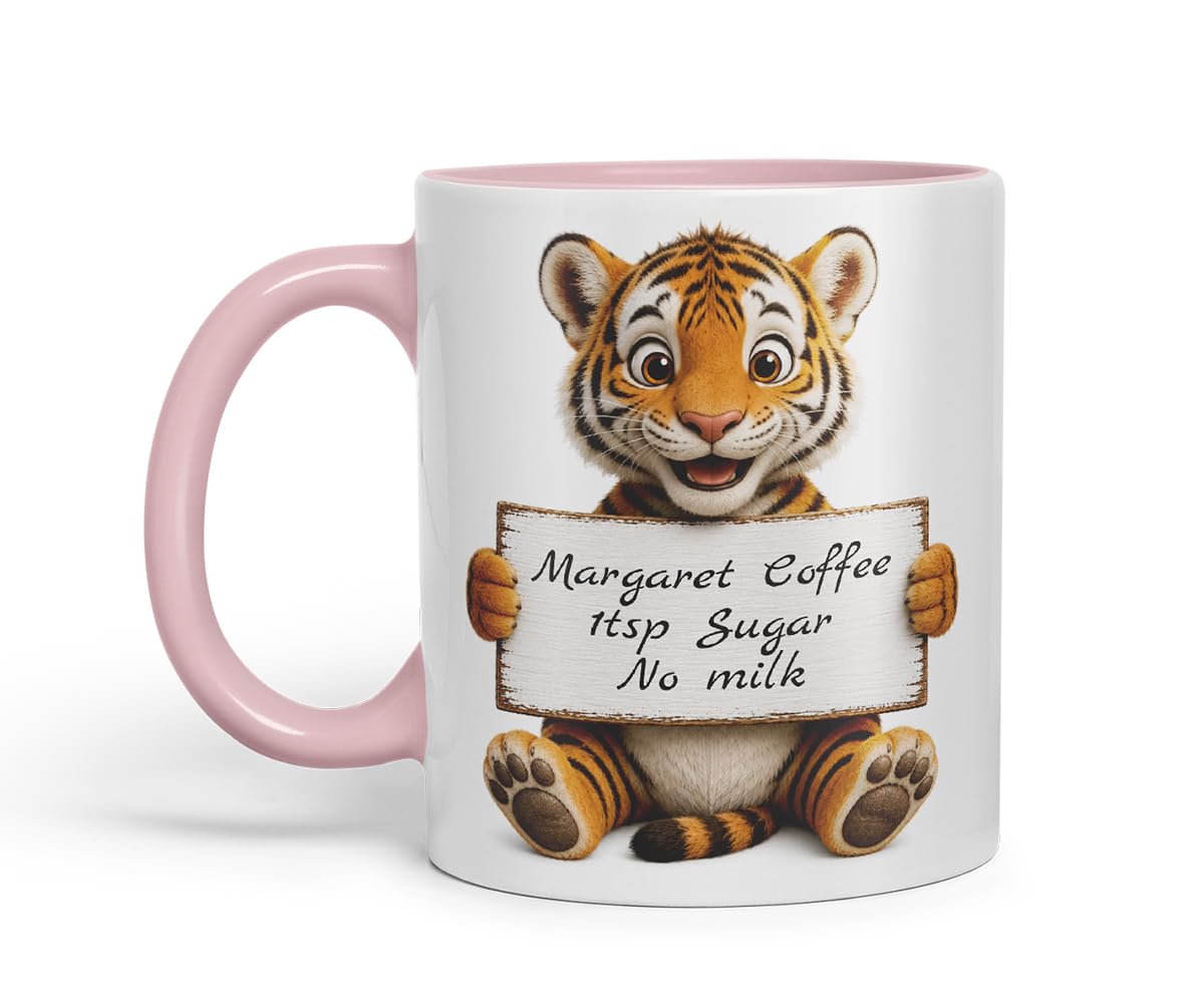 Vixar Personalised Tiger Mug with Name or Custom Message – Cute Animal Coloured Ceramic Mug Cup Gift, 11oz (Black)