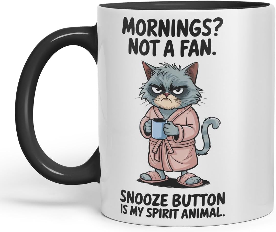 Vixar Mornings Not A Fan Snooze Button Cat Mug – Coloured Ceramic Mug Cup Gift, 11oz (Black)