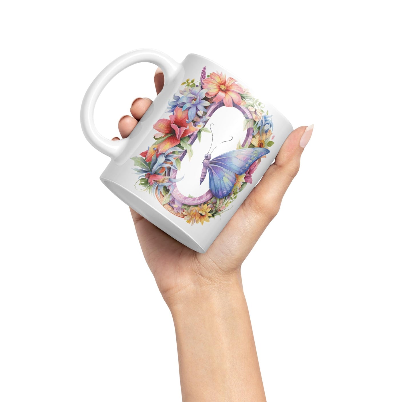 Letter O mug, Floral flowers butterfly Alphabet Letter O Monogram watercolour Ceramic Coloured Mug Cup for Tea Coffee Hot brew 330ml 11Oz Gift
