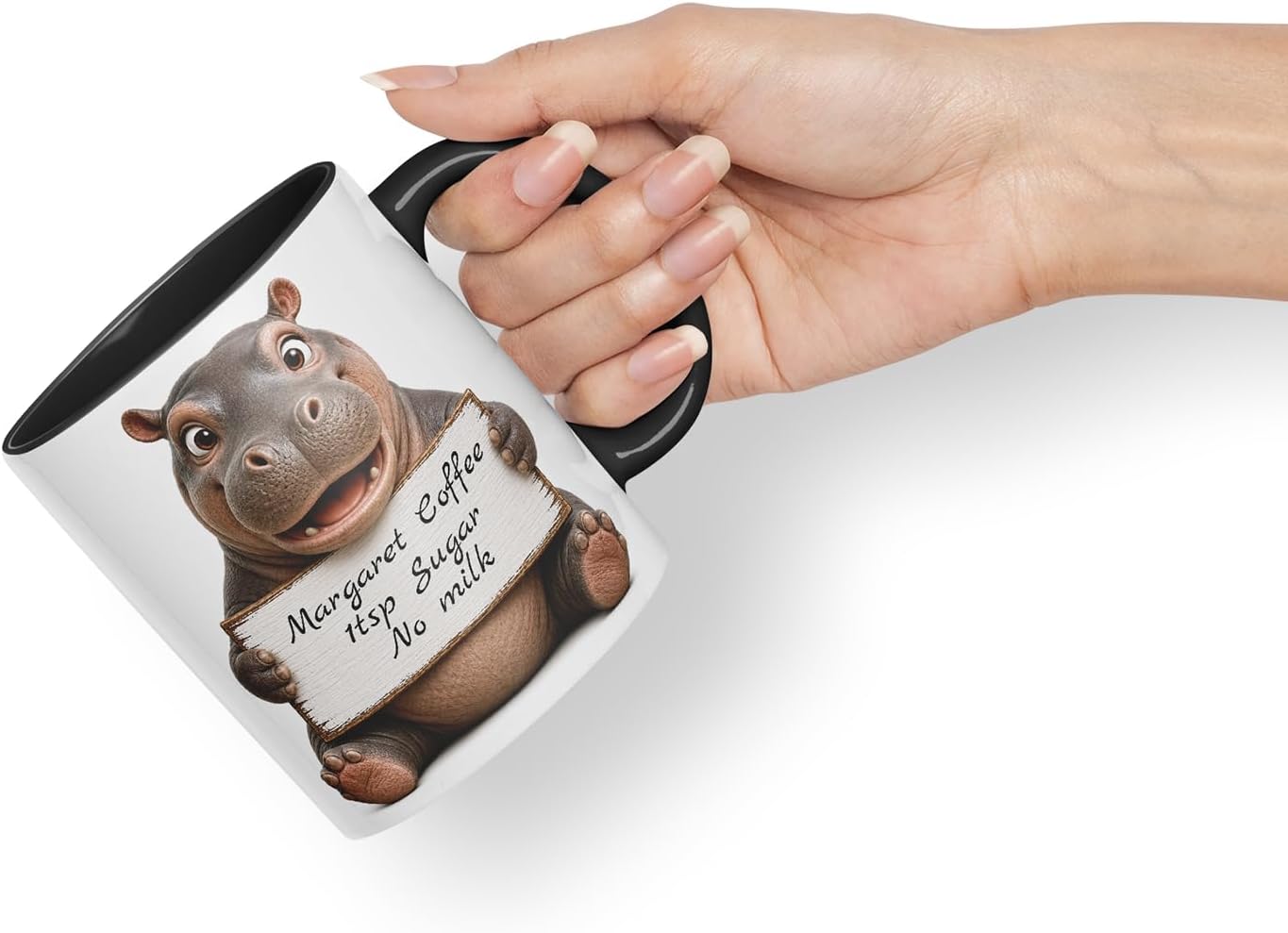 Vixar Personalised Hippo Mug with Name or Custom Message – Cute Animal Coloured Ceramic Mug Cup Gift, 11oz (Black)