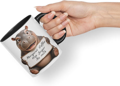 Vixar Personalised Hippo Mug with Name or Custom Message – Cute Animal Coloured Ceramic Mug Cup Gift, 11oz (Black)