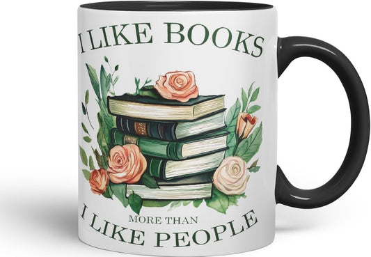 Vixar I Like Books More Than I Like People Coloured Ceramic Mug Cup Gift, 11oz (Black)