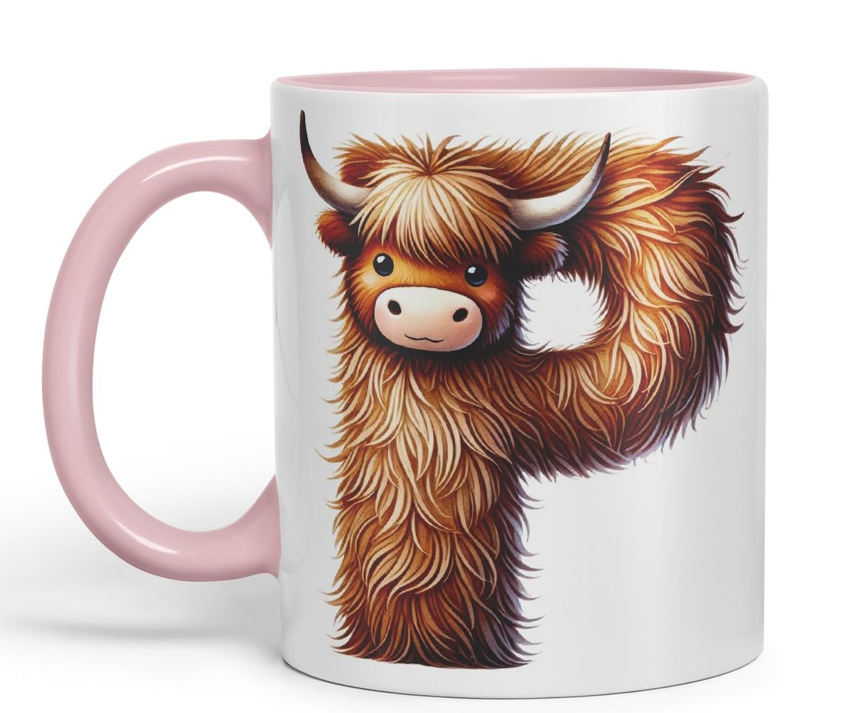 Highland Cow Alphabet Monogram Coloured Ceramic Cup Mug Letter P Rustic Farmhouse Animal Letter Gift V2 11oz (Black)