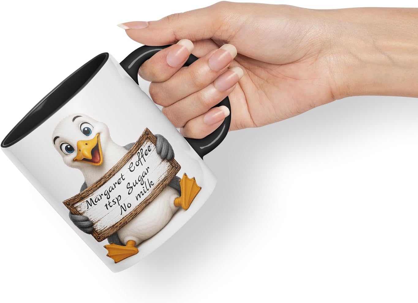 Vixar Personalised Seagull Mug with Name or Custom Message – Cute Animal Coloured Ceramic Mug Cup Gift, 11oz (Black)