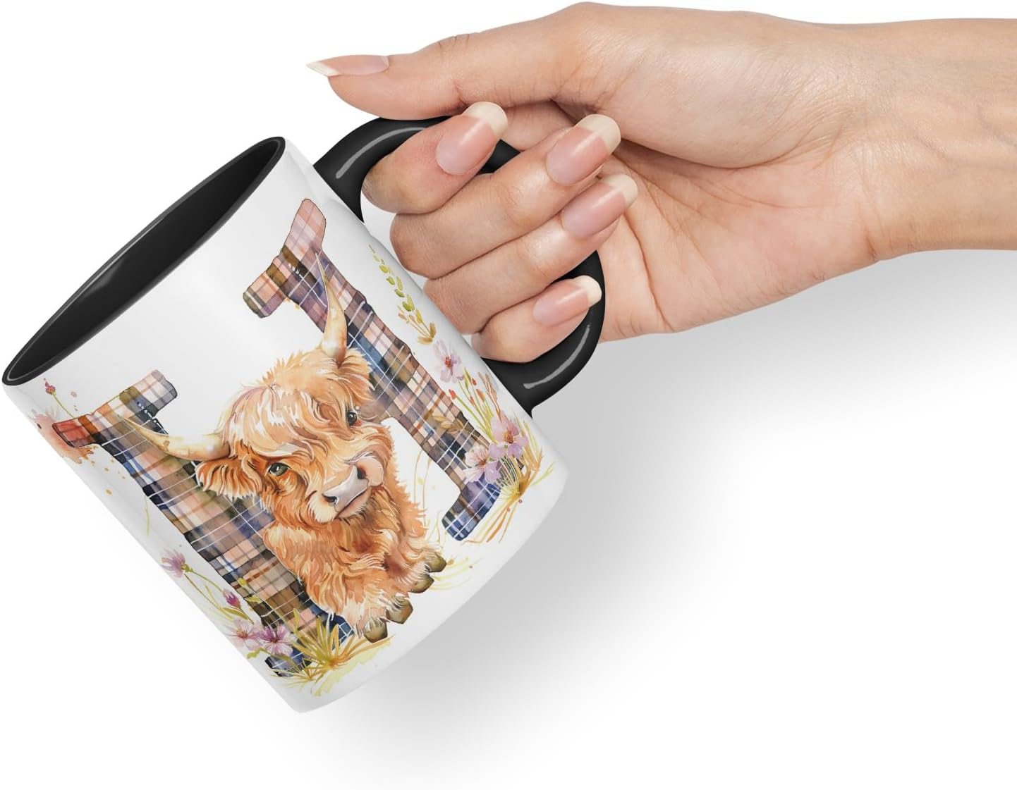 Vixar Highland Cow Alphabet Monogram Coloured Ceramic Cup Mug – Letter H – Rustic Farmhouse Animal Letter Gift – 11oz (Black)