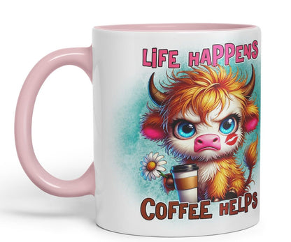 Vixar Life Happens Coffee Helps Highland Cow Coloured Ceramic Mug Cup Gift for Coffee Lovers 11oz (Black)