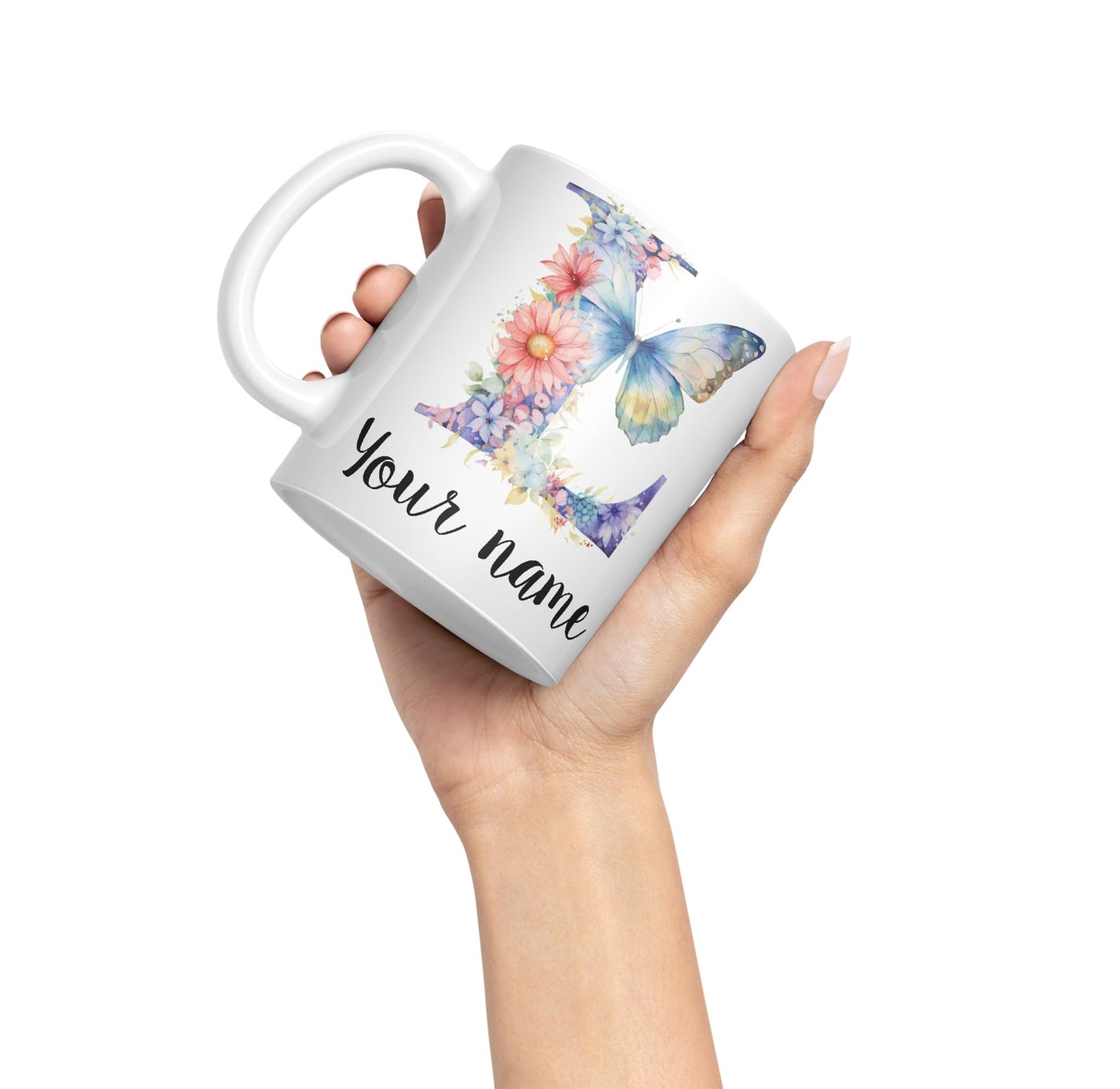 Personalised Letter L mug, Customized Custom Floral flowers butterfly Alphabet Letter L Monogram watercolour Ceramic Coloured Mug Cup for Tea Coffee Hot brew 330ml 11Oz Gift