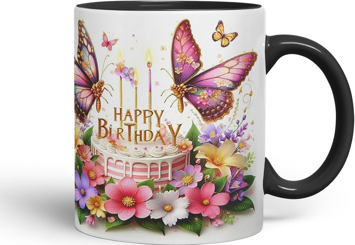 Vixar Happy Birthday Pink Cake Butterflies Coloured Ceramic Mug Cup Gift 11oz V10 (Black)