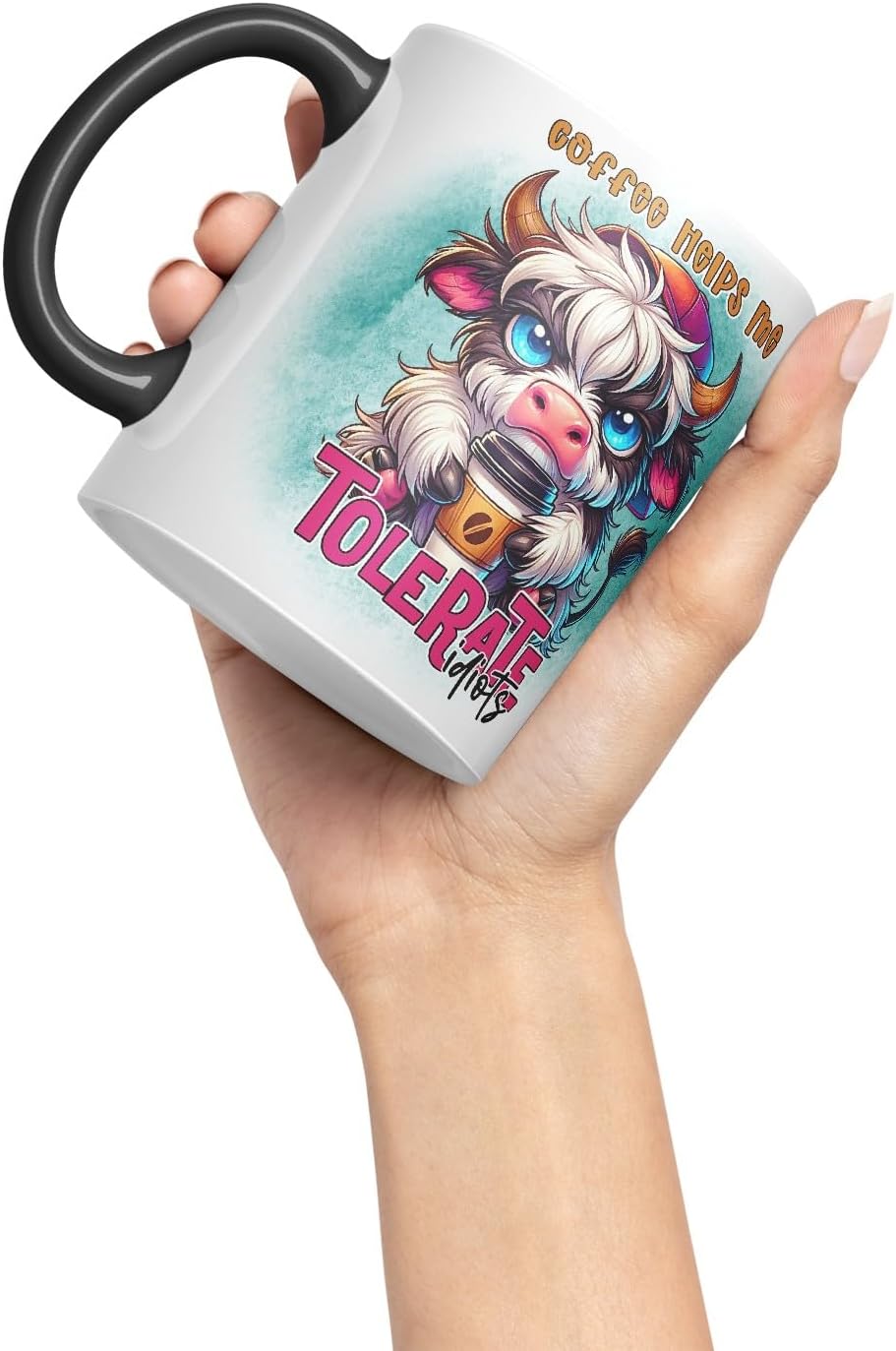 Vixar Coffee Helps Me Tolerate Idiots Highland Cow Coloured Ceramic Mug Cup Gift for Coffee Lovers 11oz (Black)
