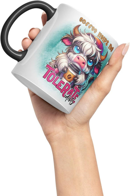 Vixar Coffee Helps Me Tolerate Idiots Highland Cow Coloured Ceramic Mug Cup Gift for Coffee Lovers 11oz (Black)