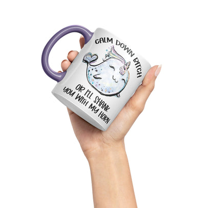 Vixar Unicorn Calm Down B... or I'll Shank You with My Horn Ceramic Coloured Mug Cup Gift Tea Coffee Christmas Office Home Sarcastic Joke