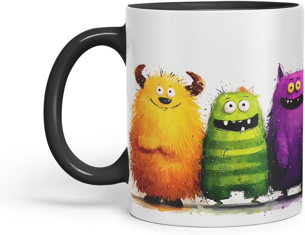 Vixar Funny Colourful Monsters Design – Coloured Ceramic Mug Cup Gift, 11oz (Black)