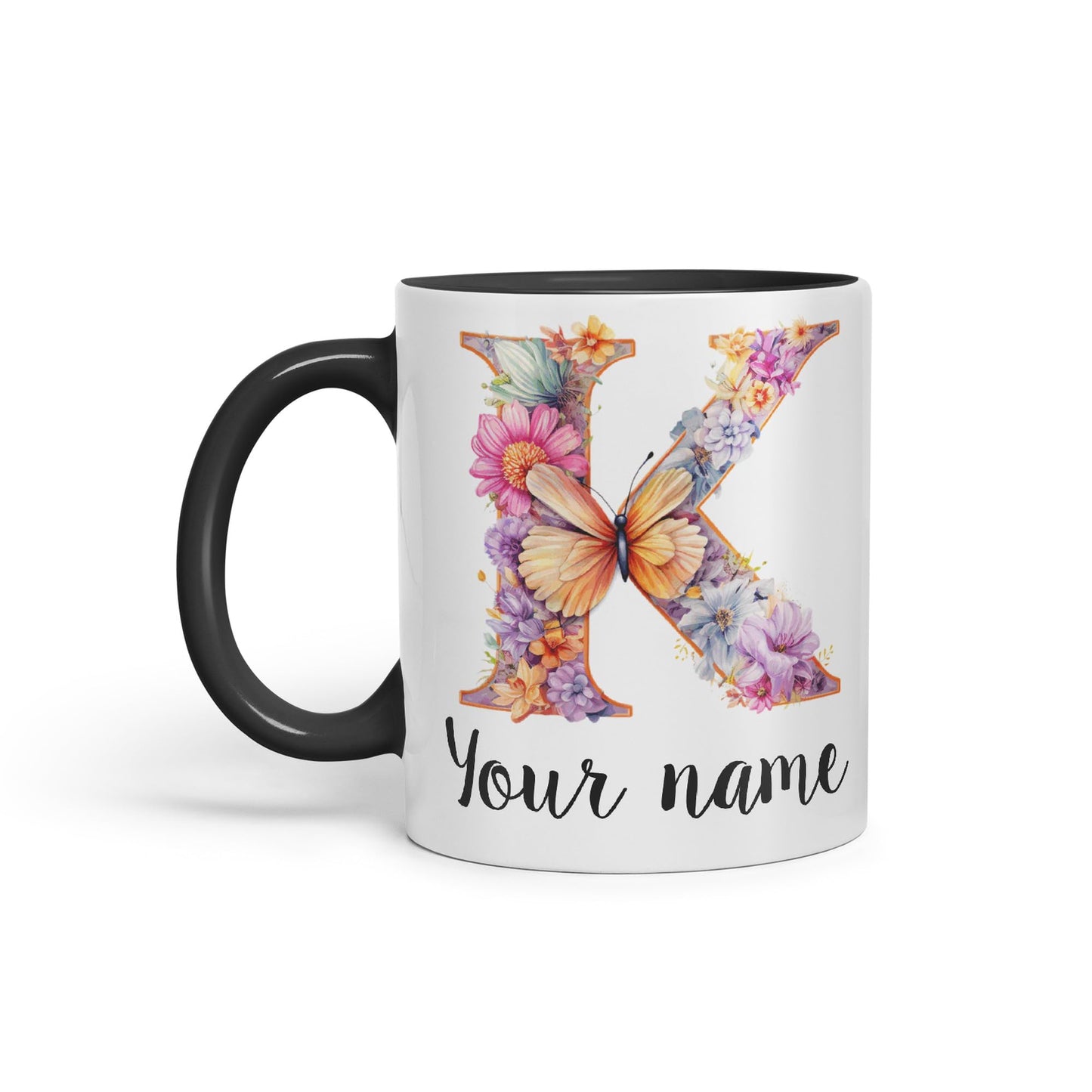 Personalised Letter K mug, Customized Custom Floral flowers butterfly Alphabet Letter K Monogram watercolour Ceramic Coloured Mug Cup for Tea Coffee Hot brew 330ml 11Oz Gift