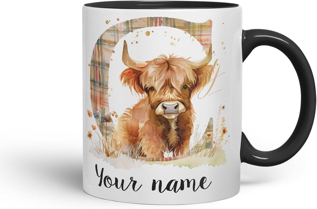 Vixar Personalised Highland Cow Initial Letter C Custom Name Mug – Coloured Ceramic Mug Cup Gift, 11oz (Black)