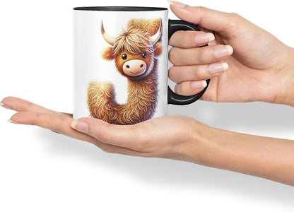 Highland Cow Alphabet Monogram Coloured Ceramic Cup Mug Letter J Rustic Farmhouse Animal Letter Gift V2 11oz (Black)