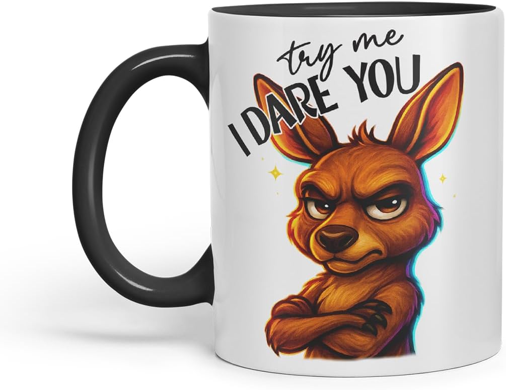 Vixar Try Me I Dare You Sarcastic Kangaroo – Coloured Ceramic Mug Cup Gift, 11oz (Black)