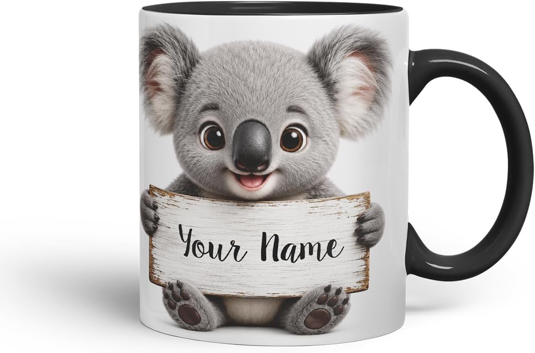 Vixar Personalised Koala Mug with Name or Custom Message – Cute Animal Coloured Ceramic Mug Cup Gift, 11oz (Black)