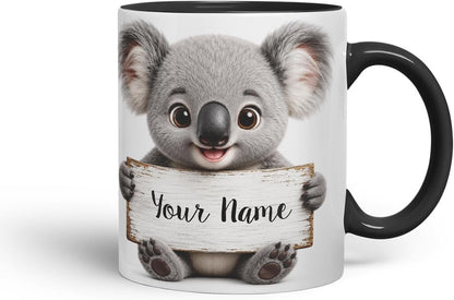 Vixar Personalised Koala Mug with Name or Custom Message – Cute Animal Coloured Ceramic Mug Cup Gift, 11oz (Black)