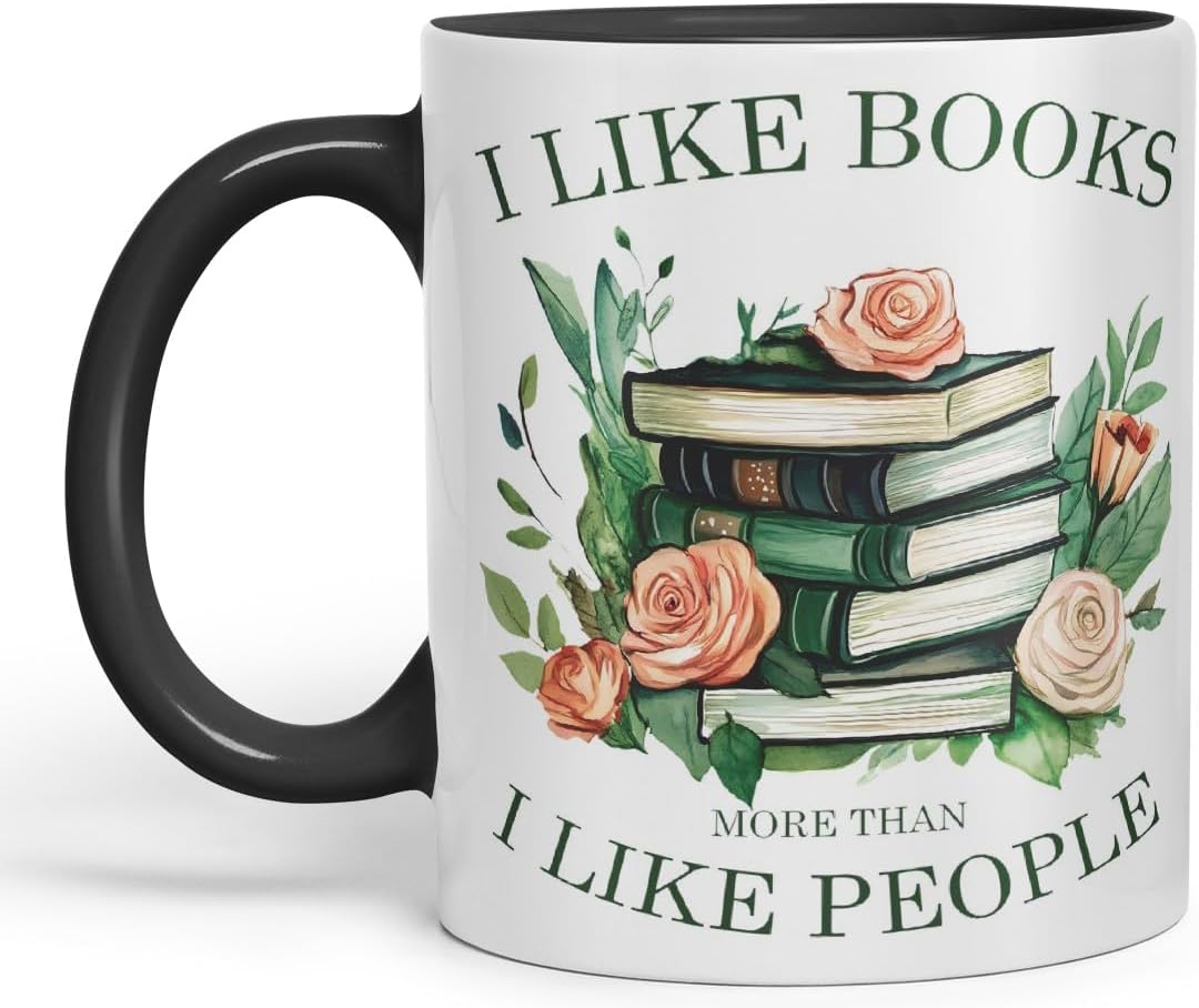 Vixar I Like Books More Than I Like People Coloured Ceramic Mug Cup Gift, 11oz (Black)