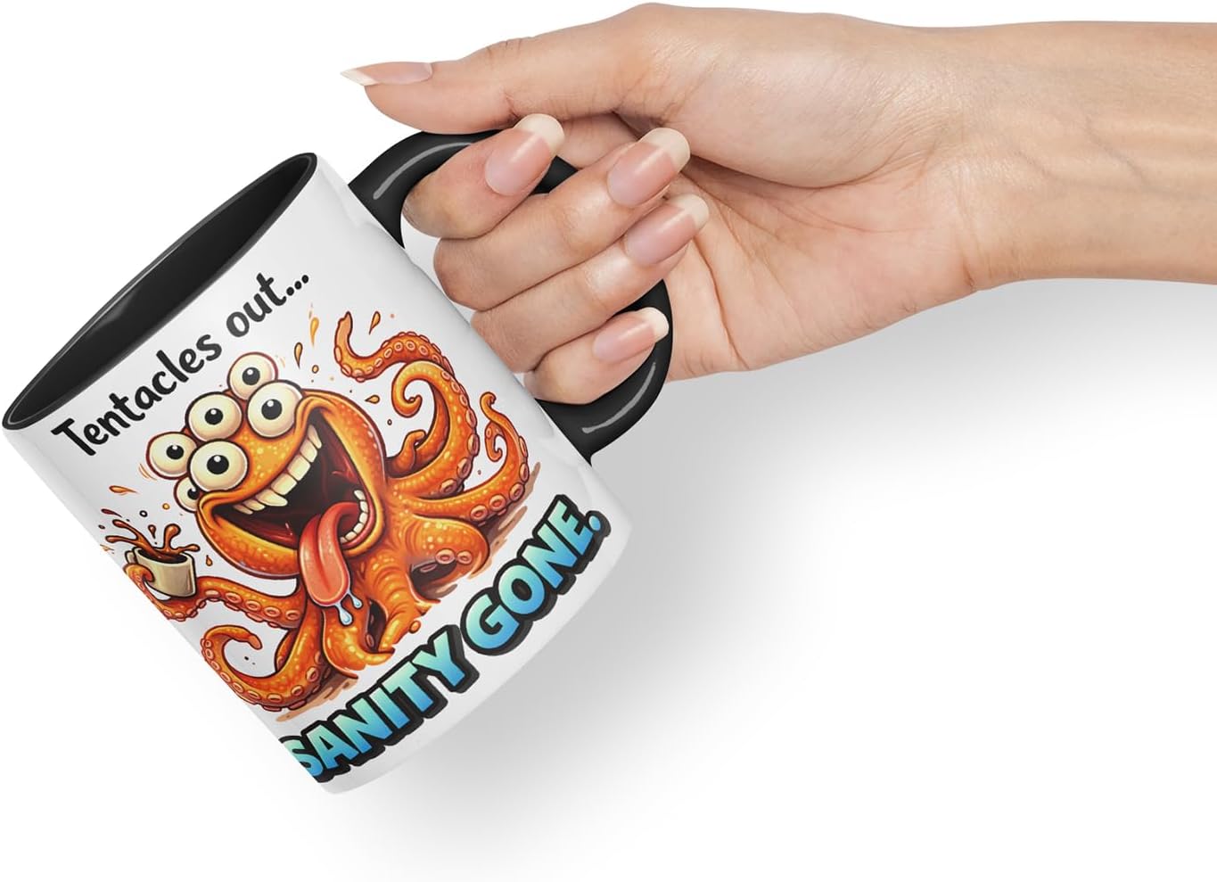 Vixar Tentacles Out Sanity Gone Octopus Coloured Ceramic Mug Cup Gift, 11oz (Black)