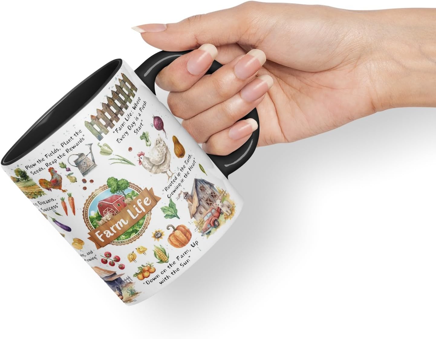 Vixar Down on The Farm Up with The Sun – Farm Life Coloured Mug Cup 11oz (Black)