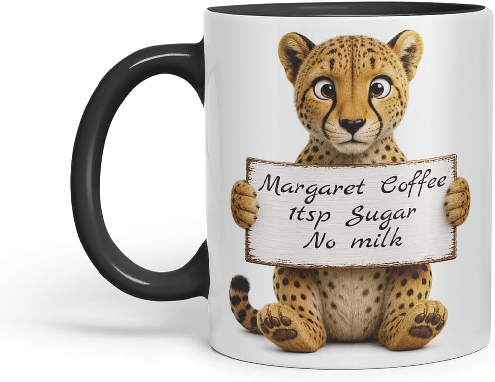 Vixar Personalised Cheetah Mug with Name or Custom Message – Cute Animal Coloured Ceramic Mug Cup Gift, 11oz (Black)