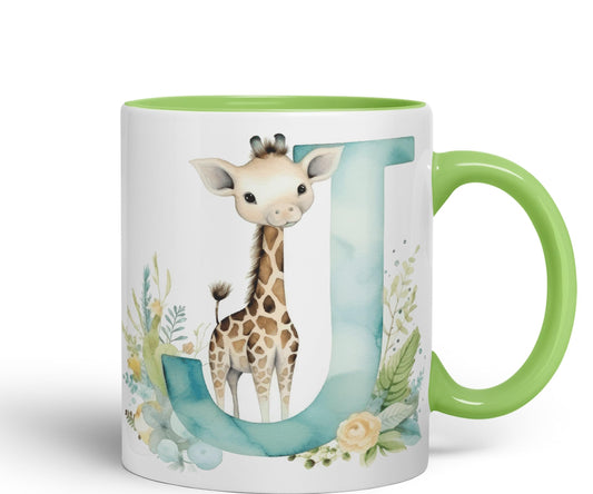 Letter J mug, Animals Alphabet Letter J Monogram animal for kids Ceramic Coloured Mug Cup for Tea Coffee Hot brew 330ml 11Oz Gift