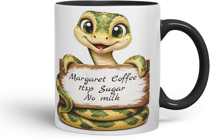 Vixar Personalised Snake Mug with Name or Custom Message – Cute Animal Coloured Ceramic Mug Cup Gift, 11oz (Black)