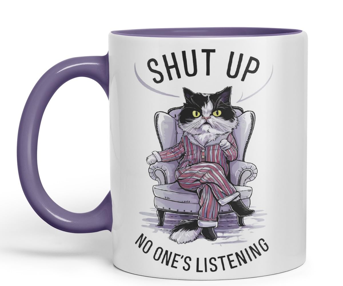 Vixar Shut Up No One’s Listening Sarcastic cat Coloured Ceramic Mug Cup Gift, 11oz (Black)