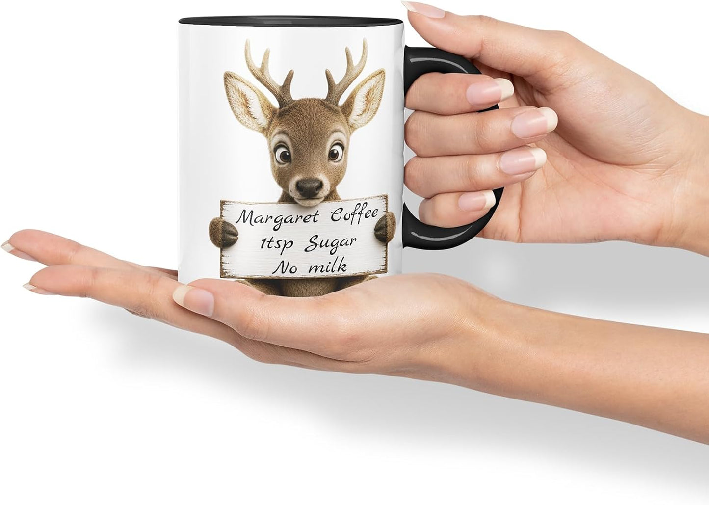 Vixar Personalised Deer Mug with Name or Custom Message – Cute Animal Coloured Ceramic Mug Cup Gift, 11oz (Black)