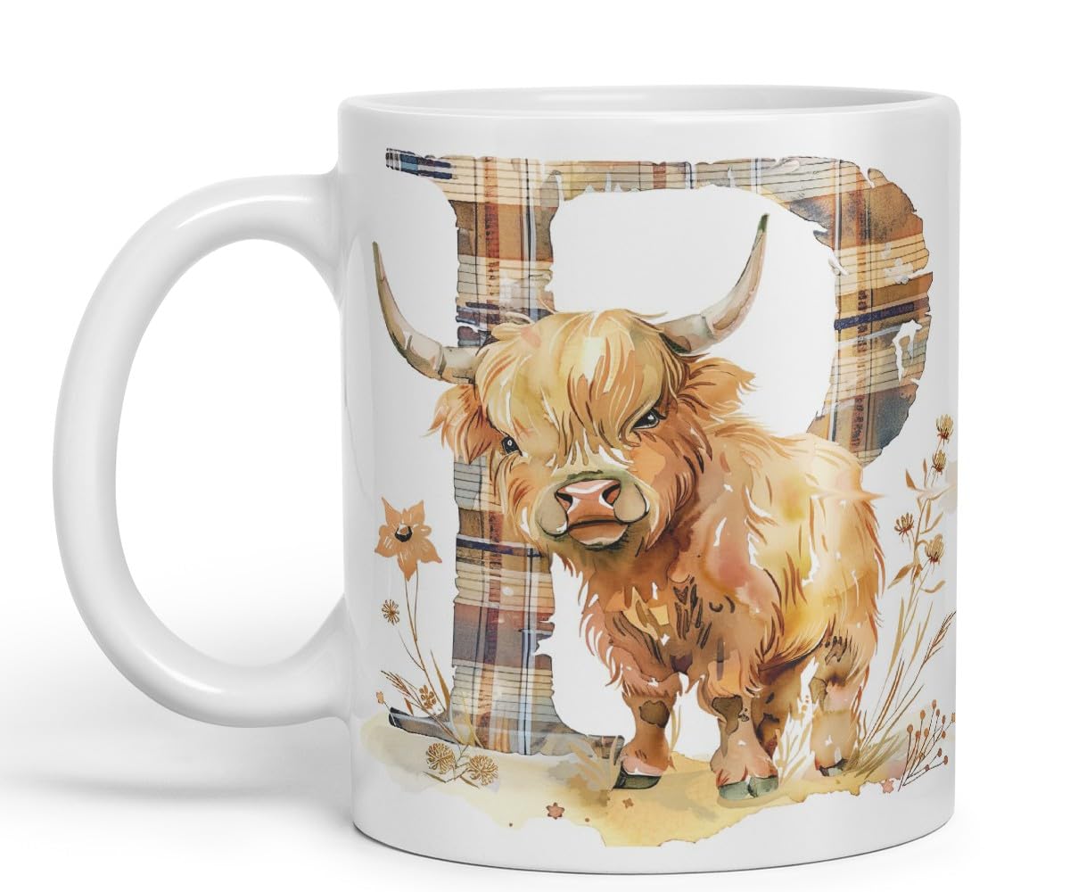 Vixar Highland Cow Alphabet Monogram Coloured Ceramic Cup Mug – Letter P – Rustic Farmhouse Animal Letter Gift – 11oz (Black)