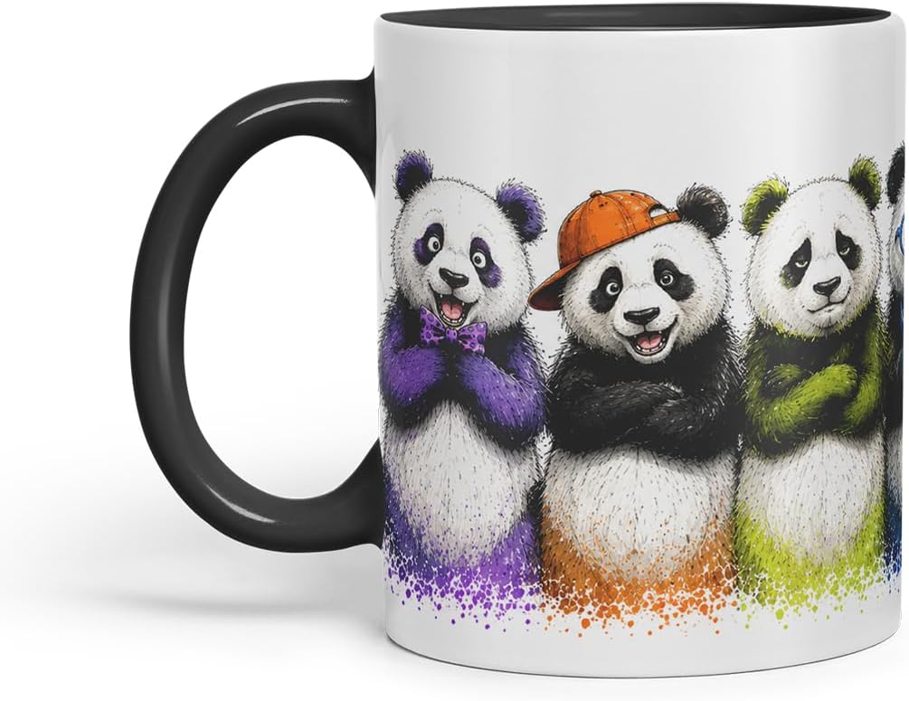 Vixar Pandas Mug – Cute Pandas Coloured Ceramic Mug Cup Gift, 11oz (Black)