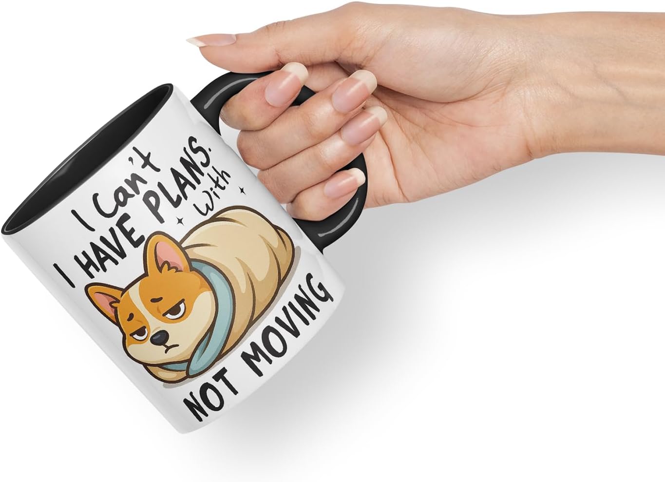 Vixar I Can't. I Have Plans. with Not Moving Corgi Dog Mug – Coloured Ceramic Mug Cup Gift, 11oz (Black)