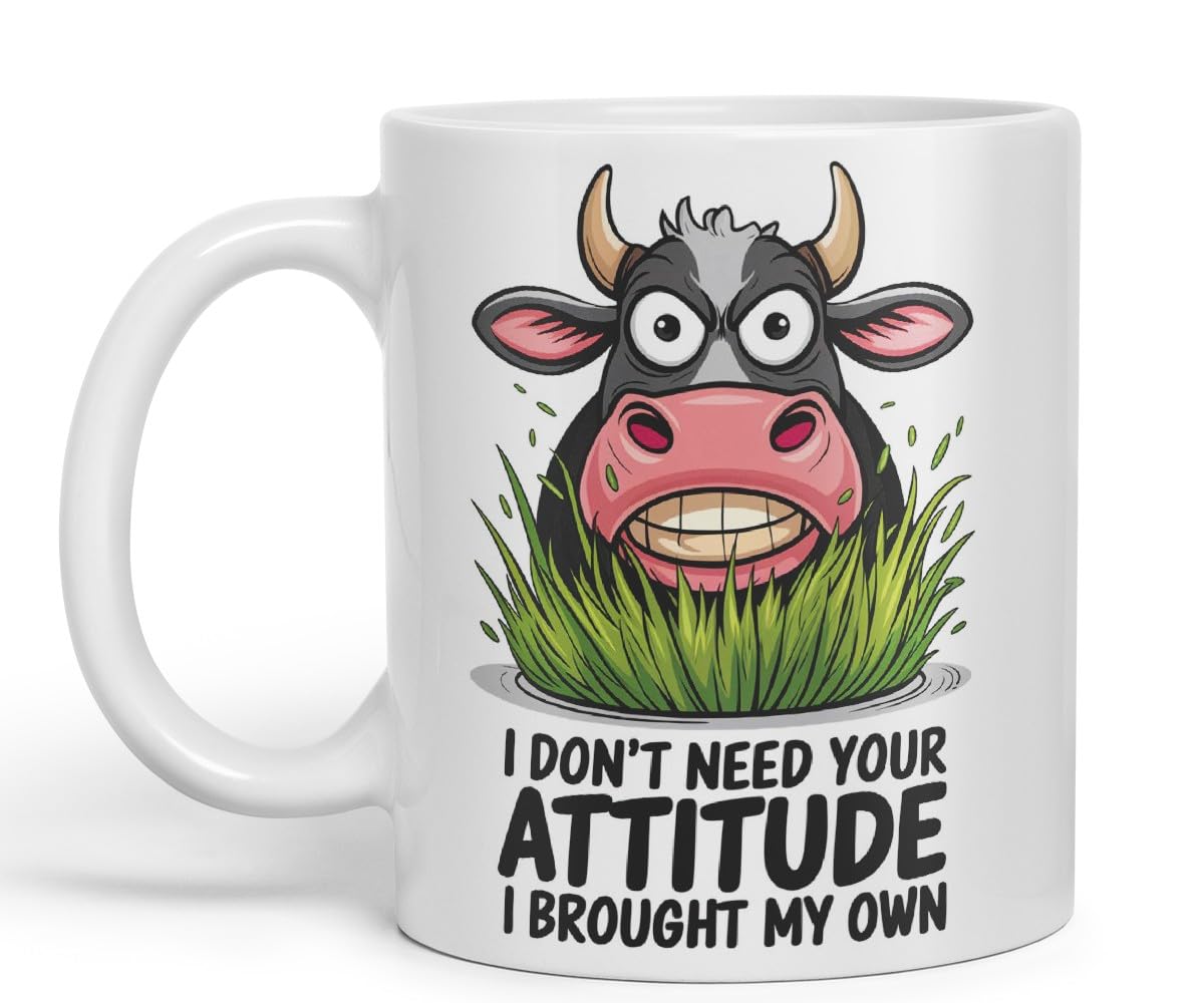 Vixar I Don’t Need Your Attitude I Brought My Own Cow Joke Coloured Ceramic Mug Cup Gift, 11oz (Black)