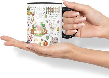 Vixar Down on The Farm Up with The Sun – Farm Life Coloured Mug Cup 11oz (Black)