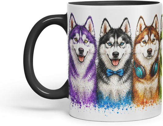 Huskies Mug – Cute Husky Dogs Coloured Ceramic Mug Cup Gift, 11oz (Black)