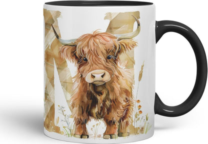 Vixar Highland Cow Alphabet Monogram Coloured Ceramic Cup Mug – Letter M – Rustic Farmhouse Animal Letter Gift – 11oz (Black)