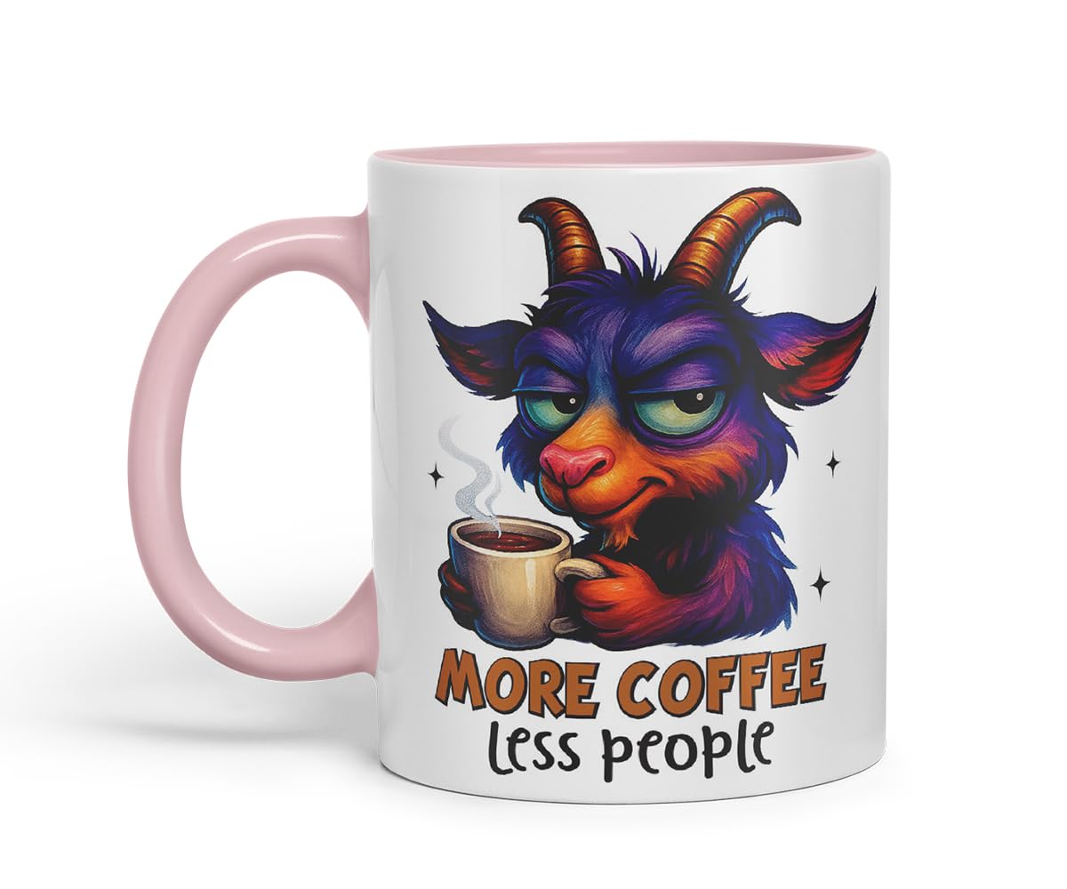 Vixar More Coffee Less People Funny Goat Mug – Coloured Ceramic Mug Cup Gift, 11oz (Black)