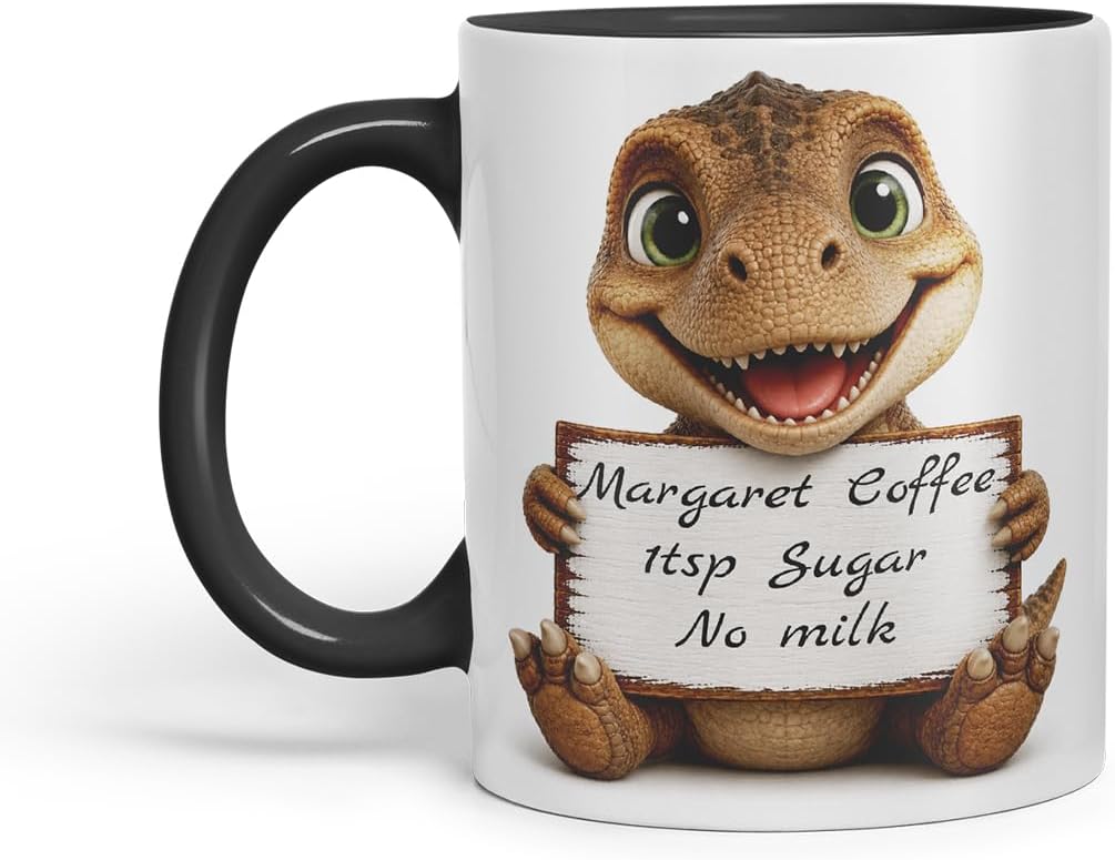 Vixar Personalised T Rex Dinosaur Mug with Name or Custom Message – Cute Animal Coloured Ceramic Mug Cup Gift, 11oz (Black)