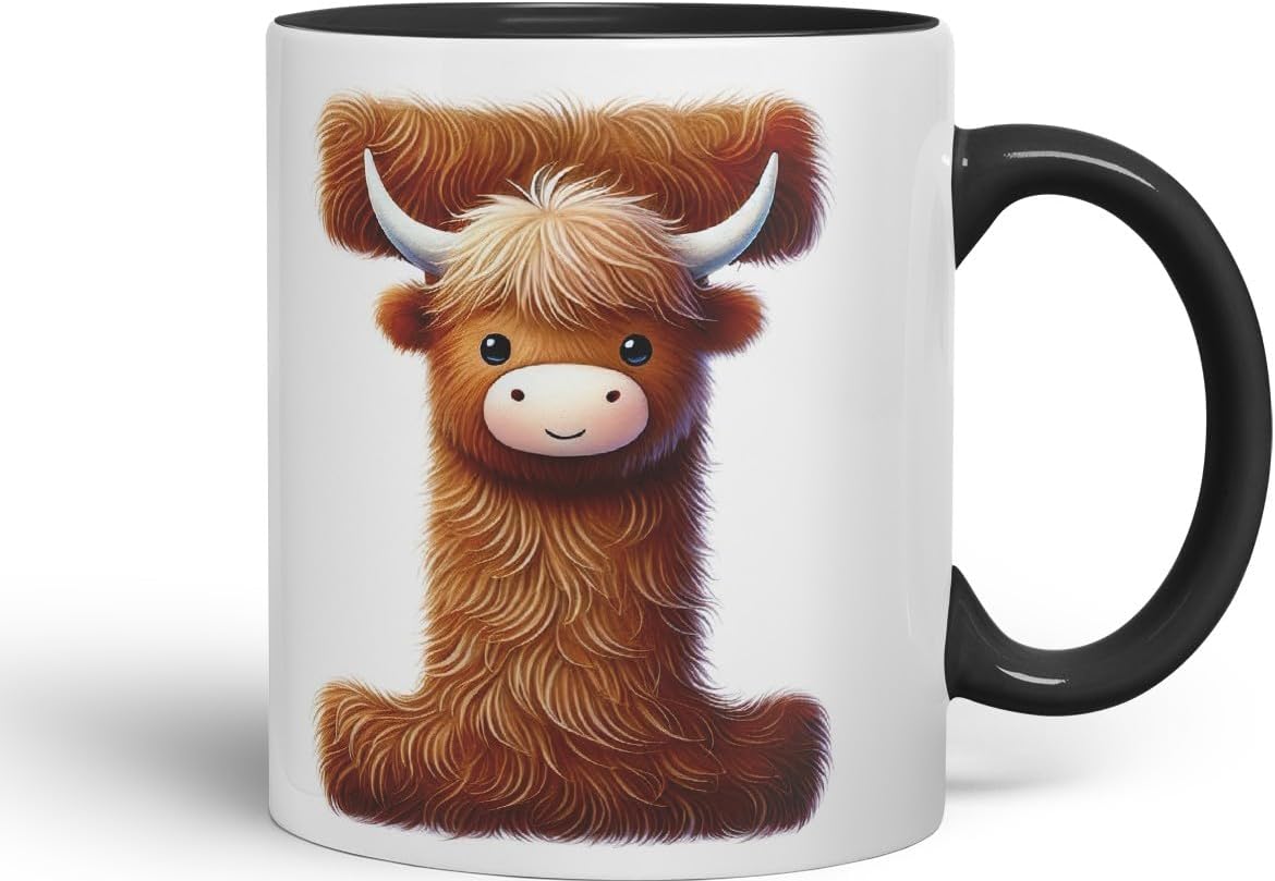 Highland Cow Alphabet Monogram Coloured Ceramic Cup Mug Letter I Rustic Farmhouse Animal Letter Gift V2 11oz (Black)