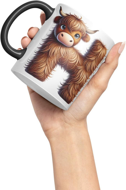 Highland Cow Alphabet Monogram Coloured Ceramic Cup Mug Letter H Rustic Farmhouse Animal Letter Gift V2 11oz (Black)