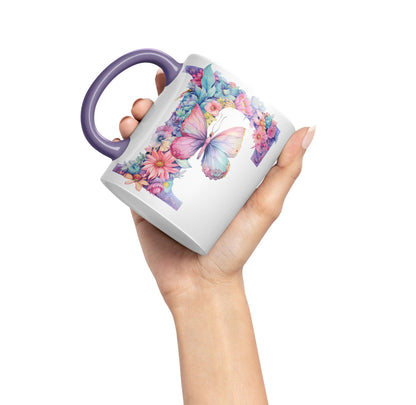 Letter F mug, Floral flowers butterfly Alphabet Letter F Monogram watercolour Ceramic Coloured Mug Cup for Tea Coffee Hot brew 330ml 11Oz Gift