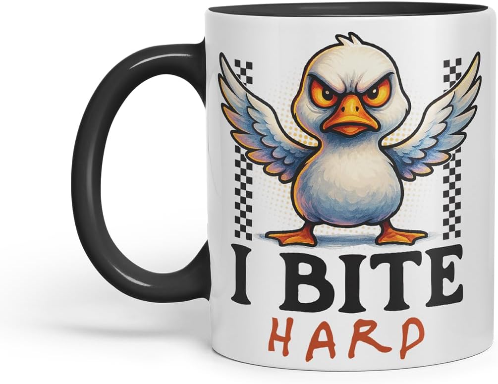 Vixar I Bite Hard Funny Seagull Mug – Coloured Ceramic Mug Cup Gift, 11oz (Black)