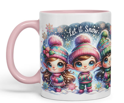 Vixar Let It Snow Cute Christmas Elves Coloured Mug Cup Winter Gift 11oz (Black)