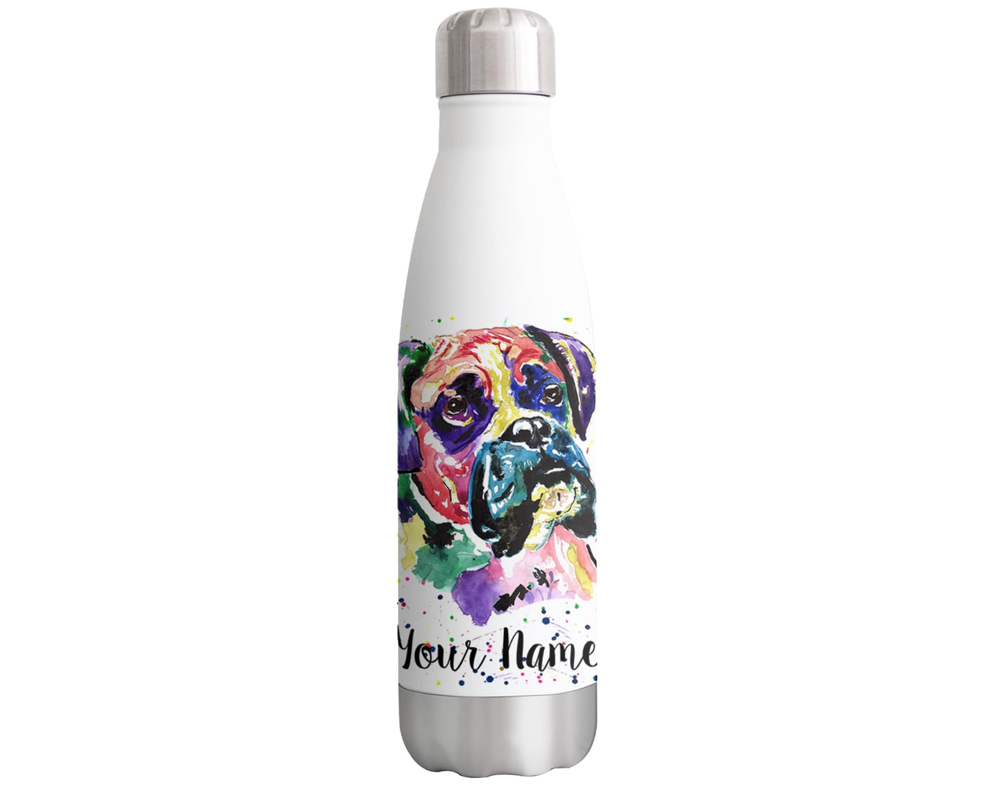 Vixar Boxer Personalised Custom Bottle with your Text/name Bully Dog pet Animals Watercolour Art animals Bottle double Wall insulated Stainless steel sport Drinks 500ml