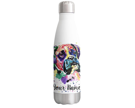 Vixar Boxer Personalised Custom Bottle with your Text/name Bully Dog pet Animals Watercolour Art animals Bottle double Wall insulated Stainless steel sport Drinks 500ml