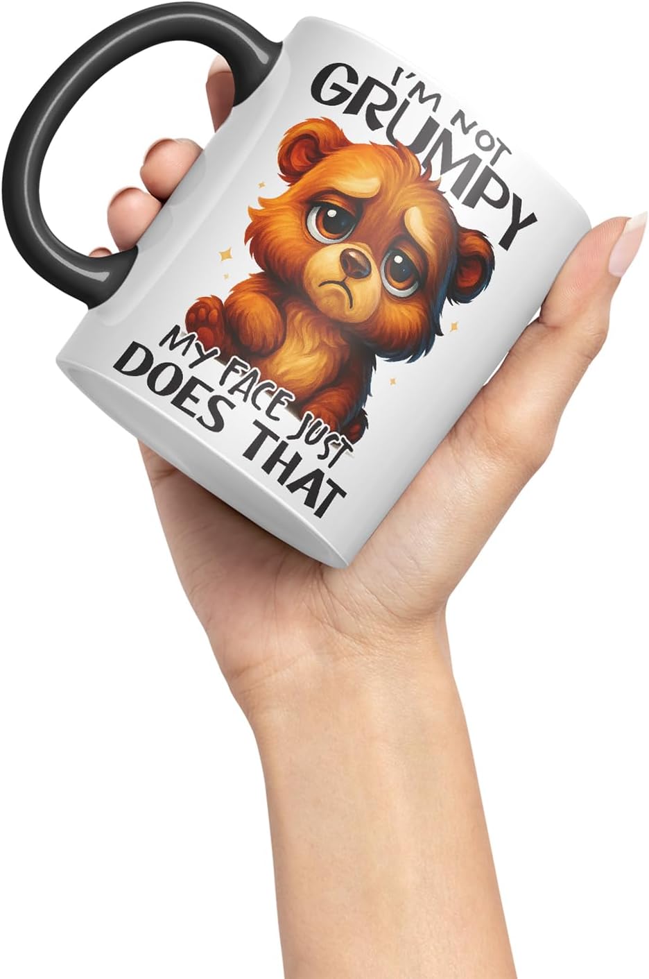 Vixar I'm Not Grumpy My Face Just Does that Funny Bear Mug – Coloured Ceramic Mug Cup Gift, 11oz (Black)