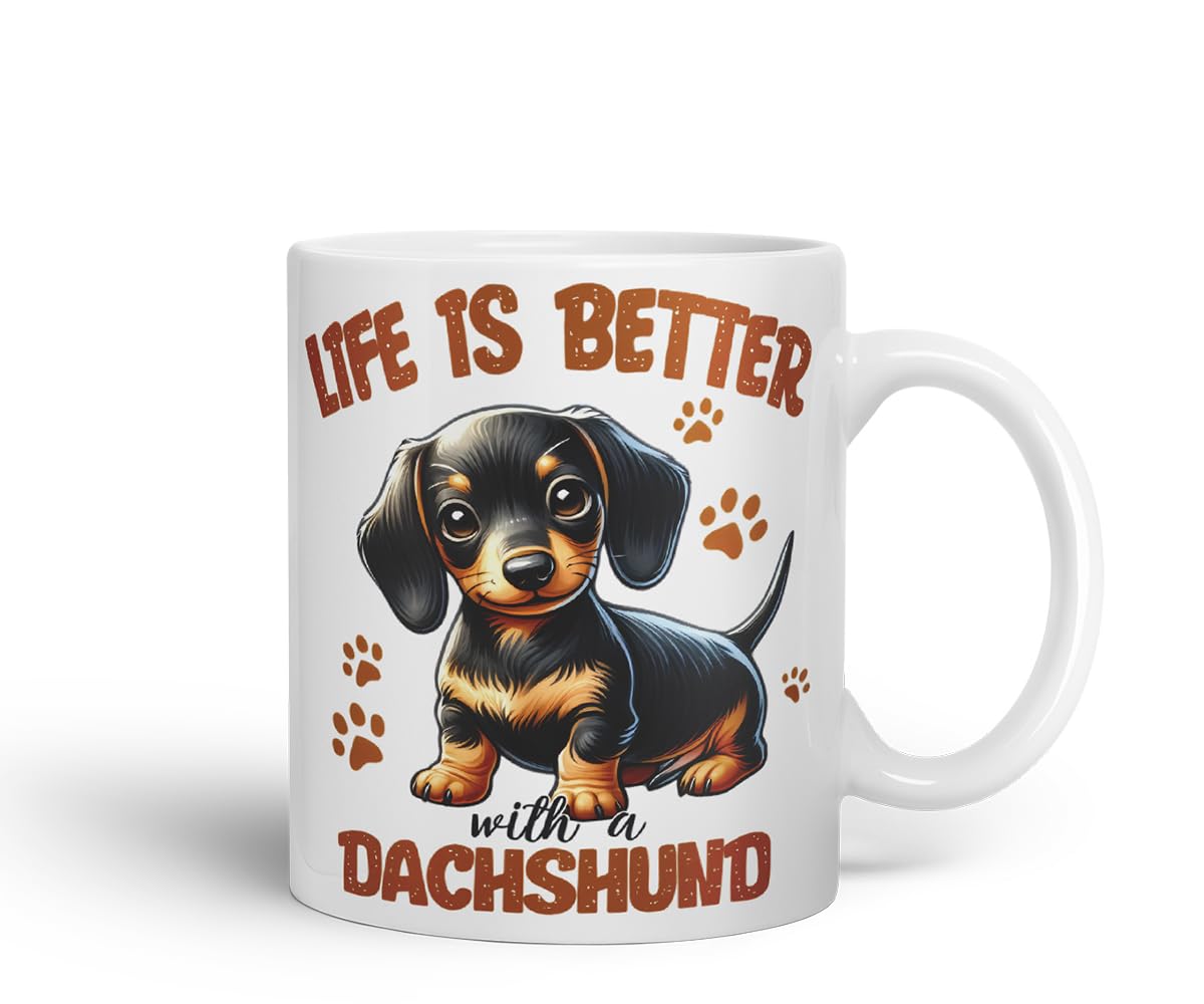 Vixar Life is Better with A Dachshund Dog Mug – Coloured Ceramic Mug Cup Gift, 11oz (Black)