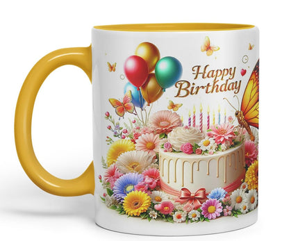 Vixar Happy Birthday Cake and Balloons Coloured Ceramic Mug Cup Gift 11oz V3 (Black)
